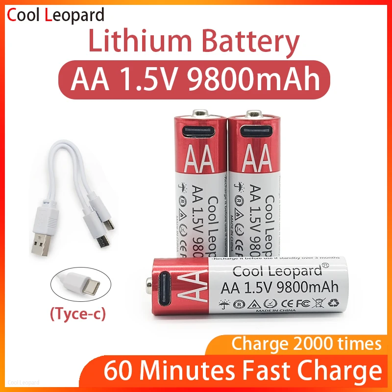 

2022 New 1.5V AA 9800mah USB Rechargeable Lithium Battery,For Remote Control Mouse Small Fan Electric Toy Battery + Cable