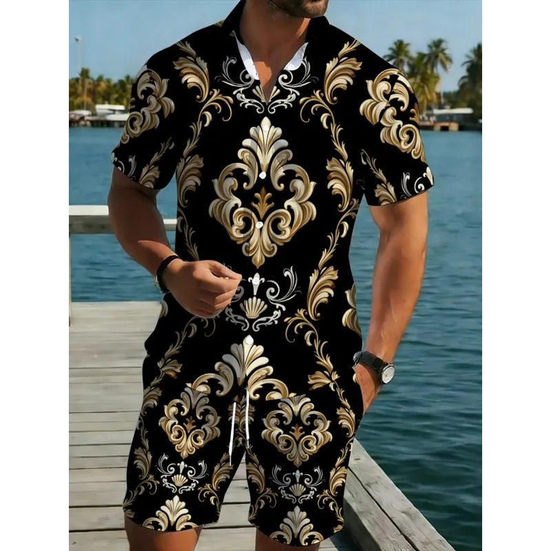 Conjunto de Camisa de Manga Corta y Pantalones Largos con Estampado Barroco para Hombre, Negro y Dorado, Poliéster Transpirable, Atuendo Casual de Playa