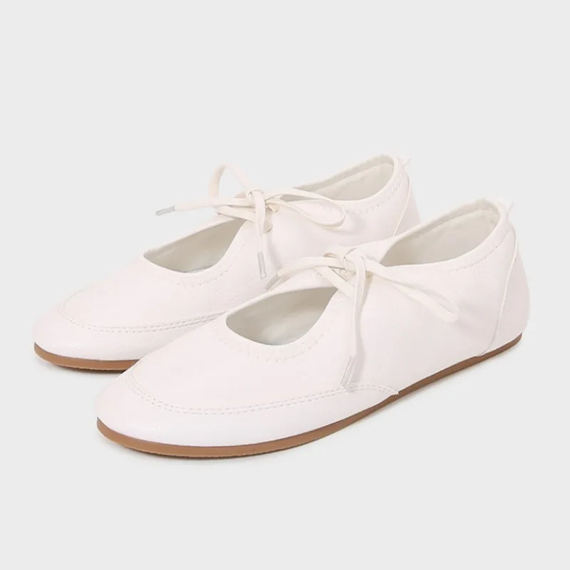 2025 Designer Brand Women Ballet Flats Soft Leather Fashion Shallow Round Toe Autumn Daily Lady Shoes Lace Up Casual Loafers