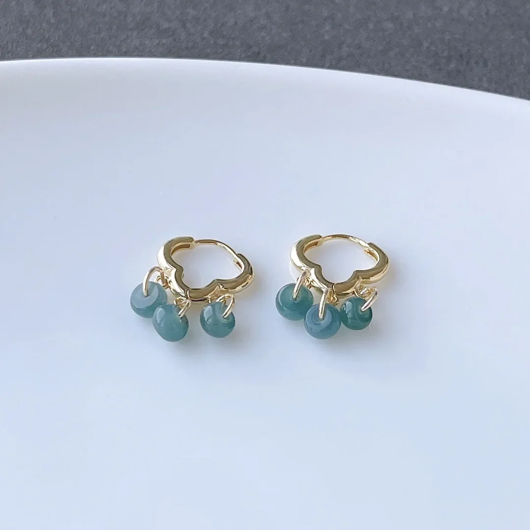 Chinoiserie Style Natural Blue Water Jade 14k Gold Lucky Cloud Fresh Earrings for Woman Party Cheongsam HanFu Birthday Gift