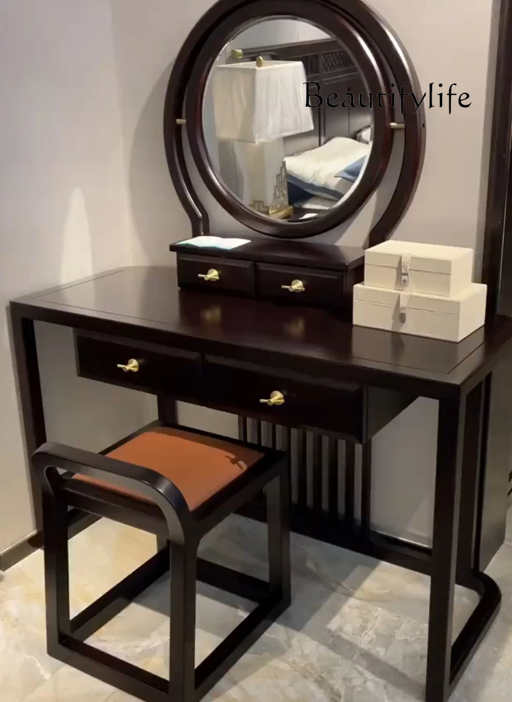 

New Chinese Style Ugyen Wooden Dressing Table with Mirror Modern Minimalist Type Makeup Table Dressing Stool Combination