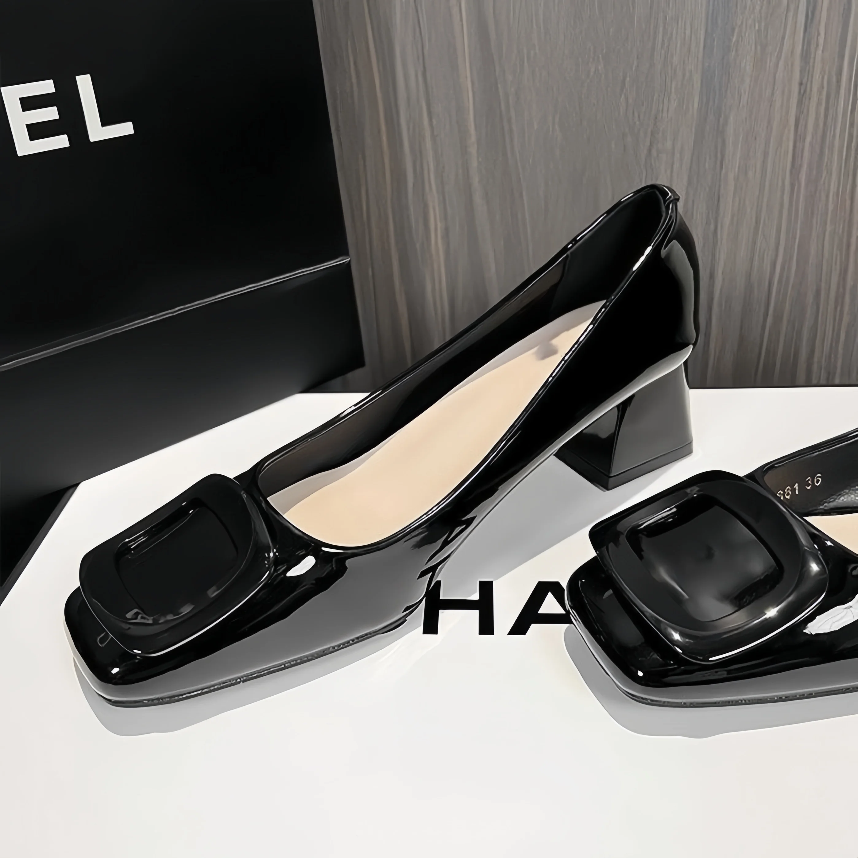 Fashionable Square Toe Chunky Heel Women's Shoes Nude Patent Leather Slip-On High Heels French Style Daily Wear Anti-Slip Rub...