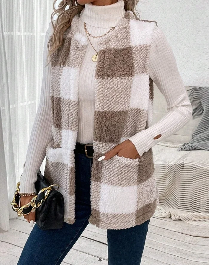 

Осенний женский жилет без рукавов, хлопковое пальто, повседневный женский карманный жилет, модный клетчатый узор, карманный дизайн, плюшевый жилет