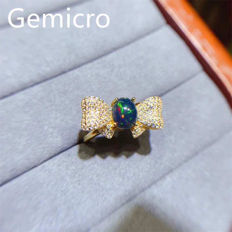 Gemicro 6mm*8mm Black Opal Silver Ring for Party 100% Natural Dyed Opal Ring Solid 925 Silver Opal Jewelry Gift for Woman