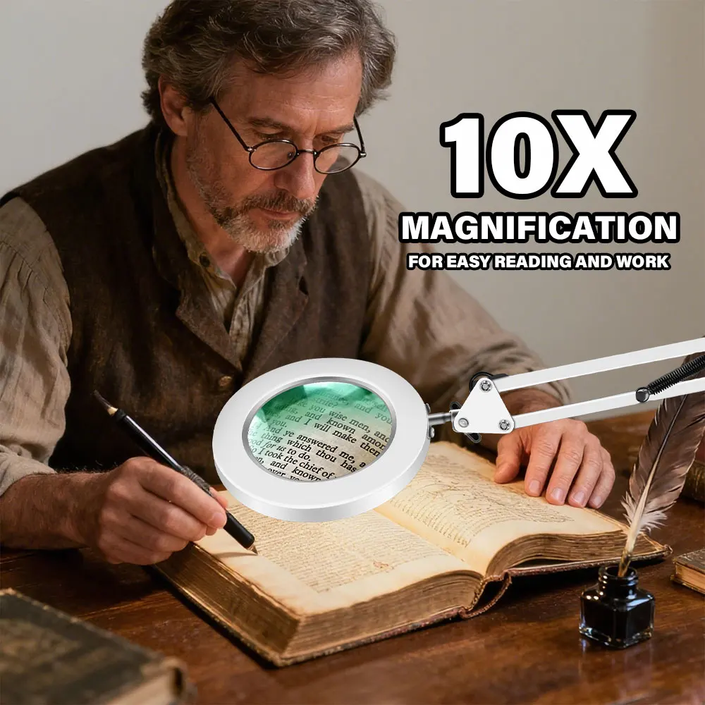 New Extra-long Swing Magnifying Glass Lamp with 3 Color Adjust LED Lights Reading Table Lamp for Welding Repair Close Work