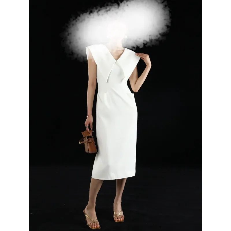 Zwarte Hepburn mouwloze pop-halsjurk dames slanke knielange jurk zomer hoge taille split rits rechte jurk