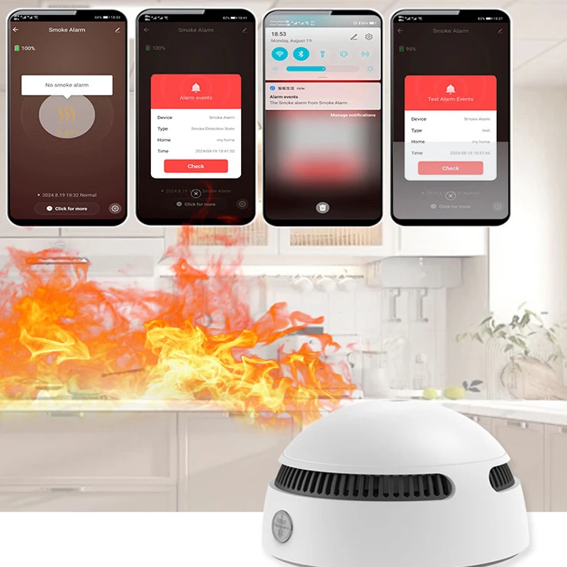 PGST TUYA WiFi 煙探知機、火災警報セキュリティ煙センサー、スマートホームセキュリティ警報、モバイル APP 表示