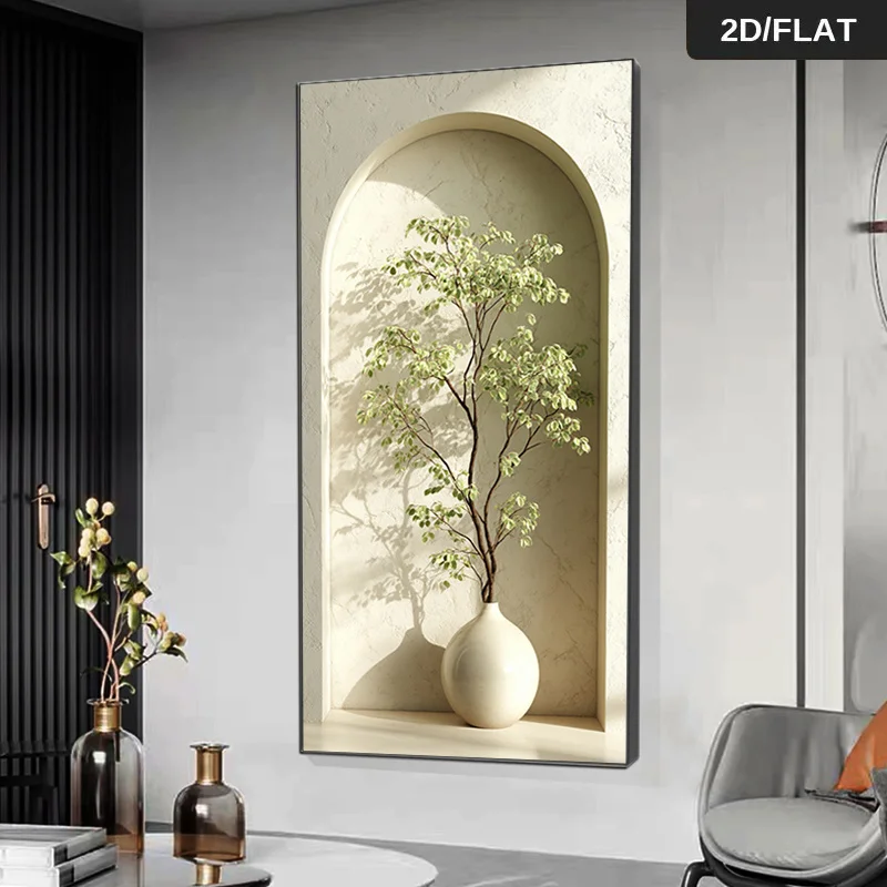 Modern abstract frameless archway with white porcelain vase floral arrangement - minimalist and neutral - suitable for living ro