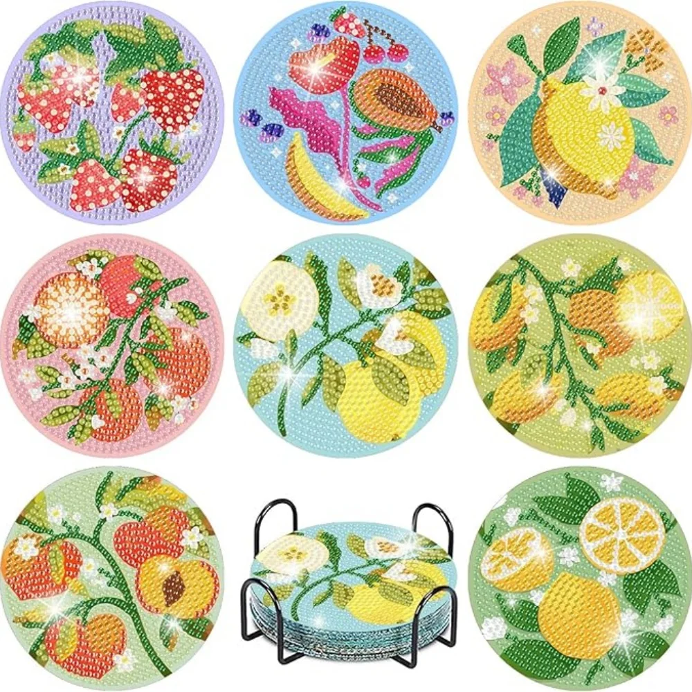 8 Pieces of Diamond Art Painting Coasters with Brackets, DIY Fruit Patterned Diamond Art Coasters, Suitable for Both Adults and