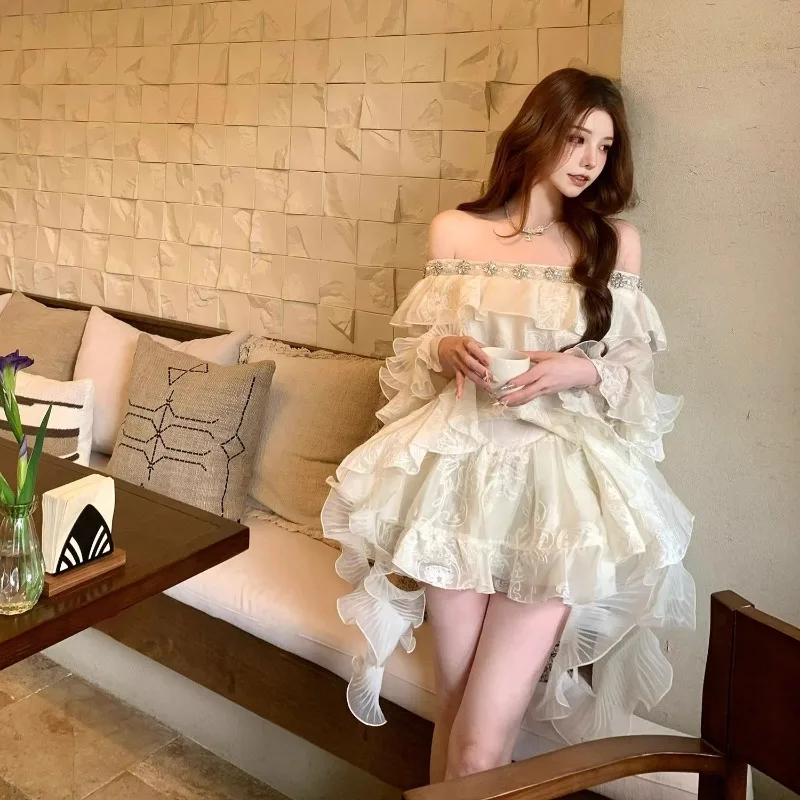 

Summer Sexy Off Shoulder Fashion Strapless Top for Women+ 2025 New High Waist Ruffles Patchwork Skirts Two Piece Sets
