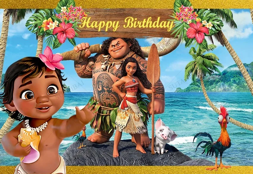 Disney Moana Photo Backdrop Girls Princess Birthday Baby Shower Cartoon Vaiana Photography Backgrounds Party Decors