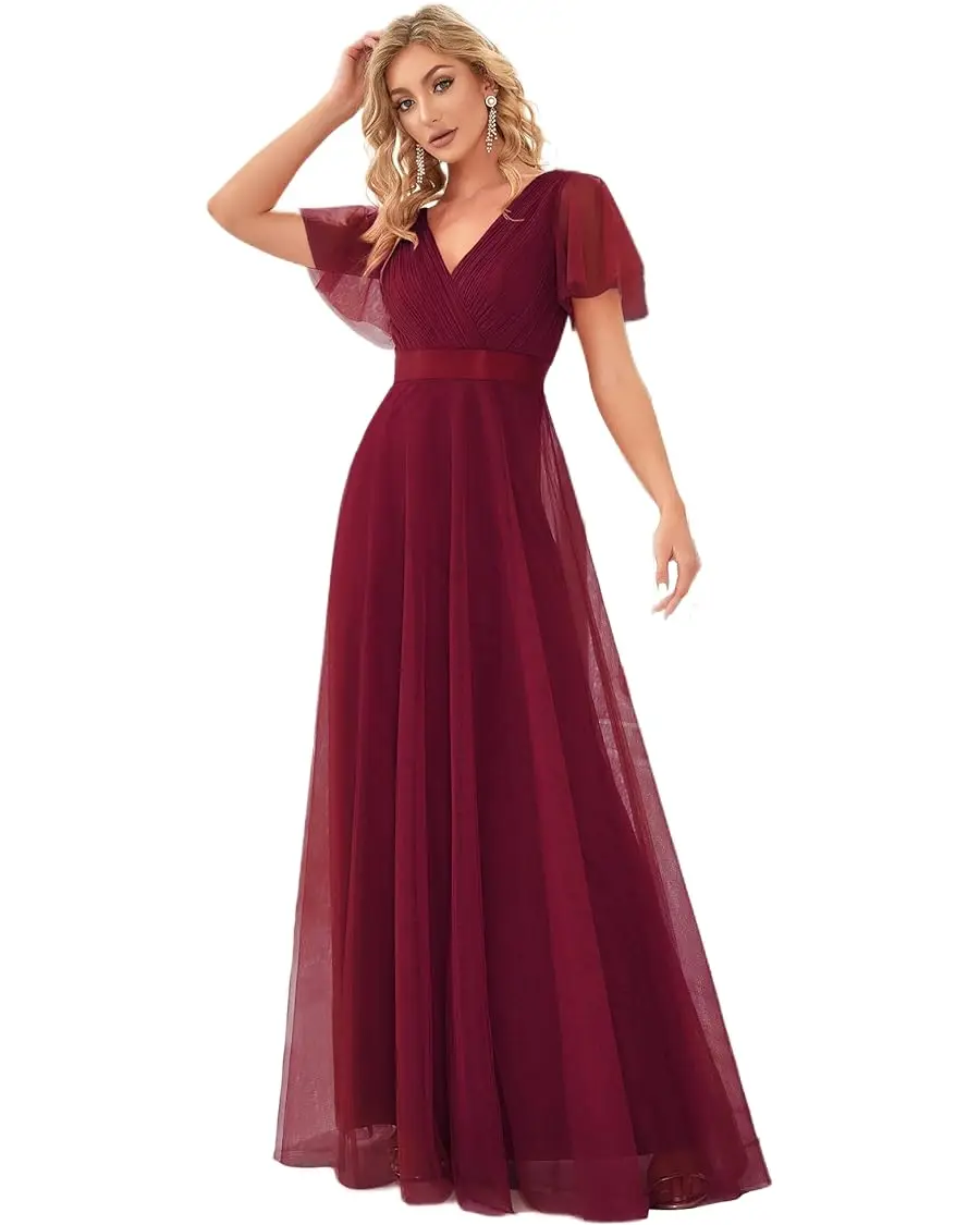 Vestido duplo decote em v feminino, Envoltório frontal, Cintura Império, Vestido dama de honra, Mãe da noiva, Dama de honra, Casamento, Vestidos de baile