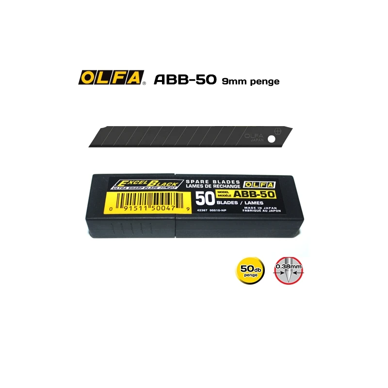 50 Japonês Original OLFA Lâminas ABB-50 Multipurpose Pequenas Lâminas de Aço Inoxidável 0.38mm Art Blade 9mm Wide Lâmina Preta de Alta Qualidade Sharp e Durable Stationery Blade Substituição