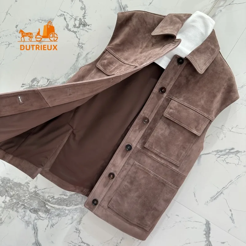 Winter Suede Leather Jacket with Lapel and  Pockets Oversize, 100% Genuine Sheepskin Gentle and Luxurious Fashion Women's Coat