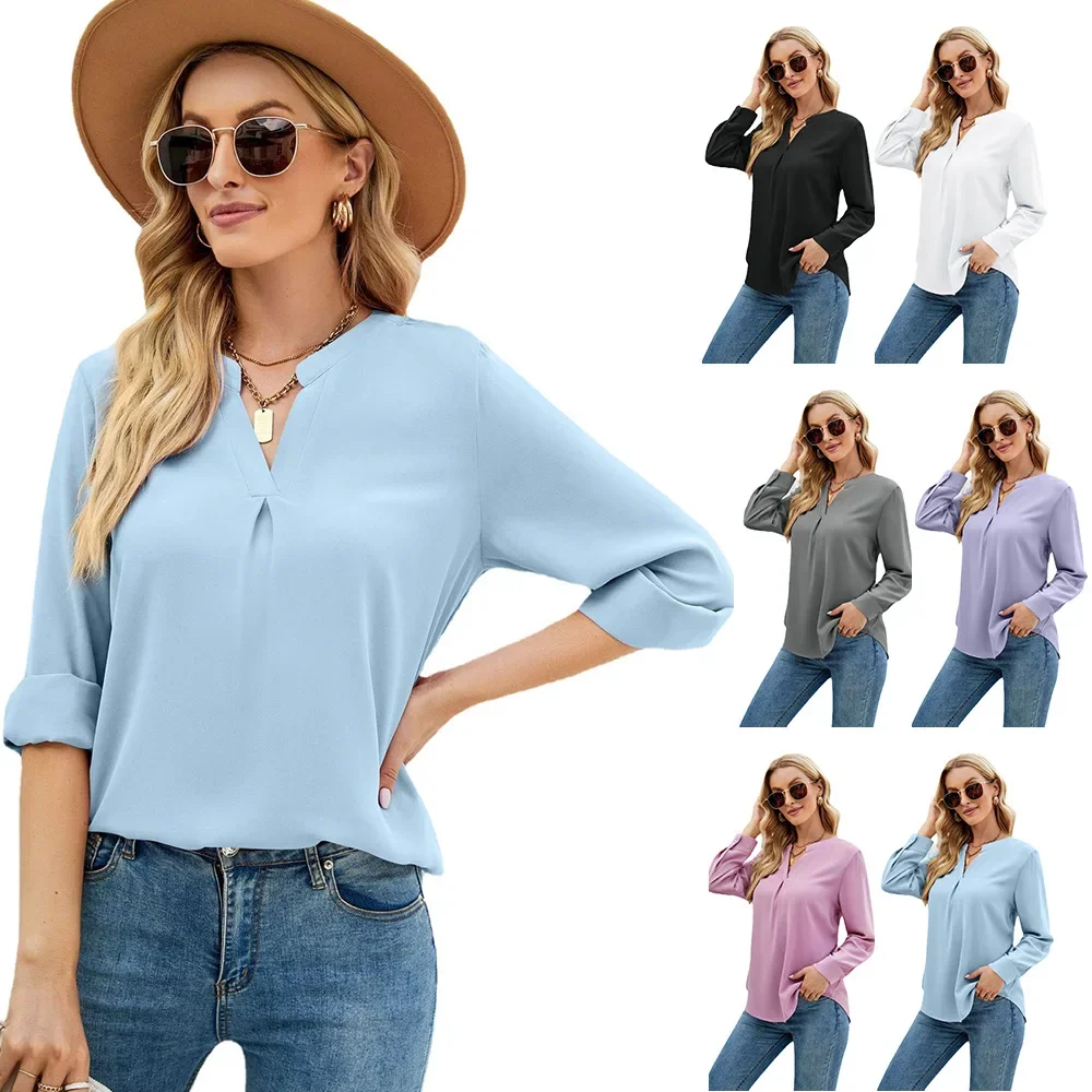 Europe and the United States women's autumn and winter new solid color chiffon shirt loose V-neck pullover long sleeve shirt