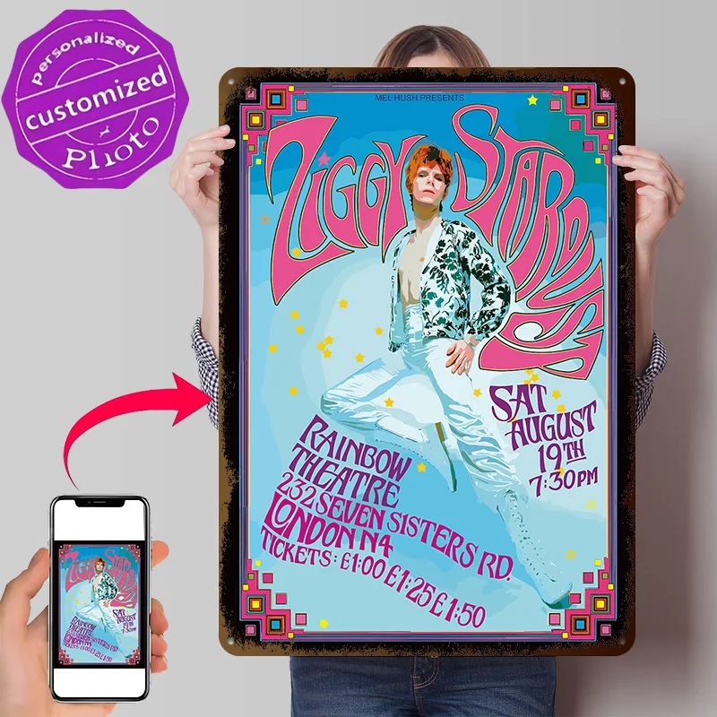 David Bowie Ziggy Stardust Personalized 3D Textured Metal Poster Wall Art Vintage Tin Signs for Coffee Bar Accessories Wand Deko