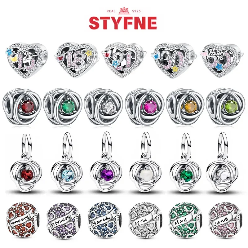 Silver S925 Twelve Month Birthstone Heart Eternity Charms Beads Pendant Fit Original Bracelet Fine Jewelry for Women Diy Gifts