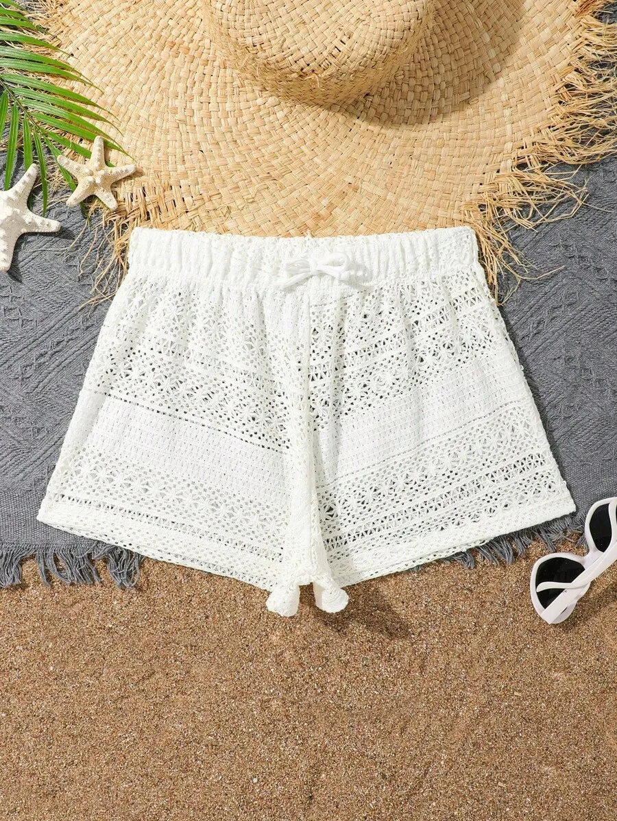 

White Hollow Crochet Lace Beach Shorts For Women Teens, Elastic Waist With Bow Tie Drawstring, Breathable Frayed Hem Cover-Up