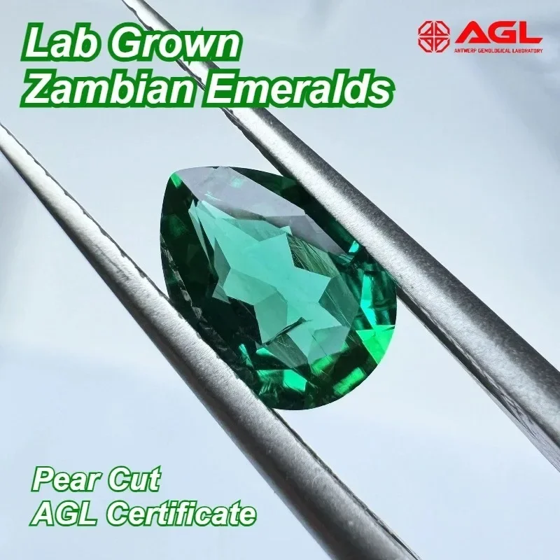 

Lab Grown Zambian Emerald Pear Cut for Hydrothermal Hand Cutting with Cracks Inclusions Inside Selectable AGL Certificate