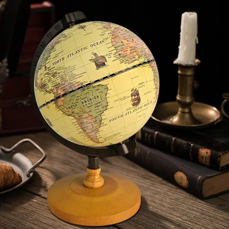 New 22cm World Globe Earth Map In English Retro Wooden Base Earth Instrument Geography Education Globe Desk Decoration Furniture