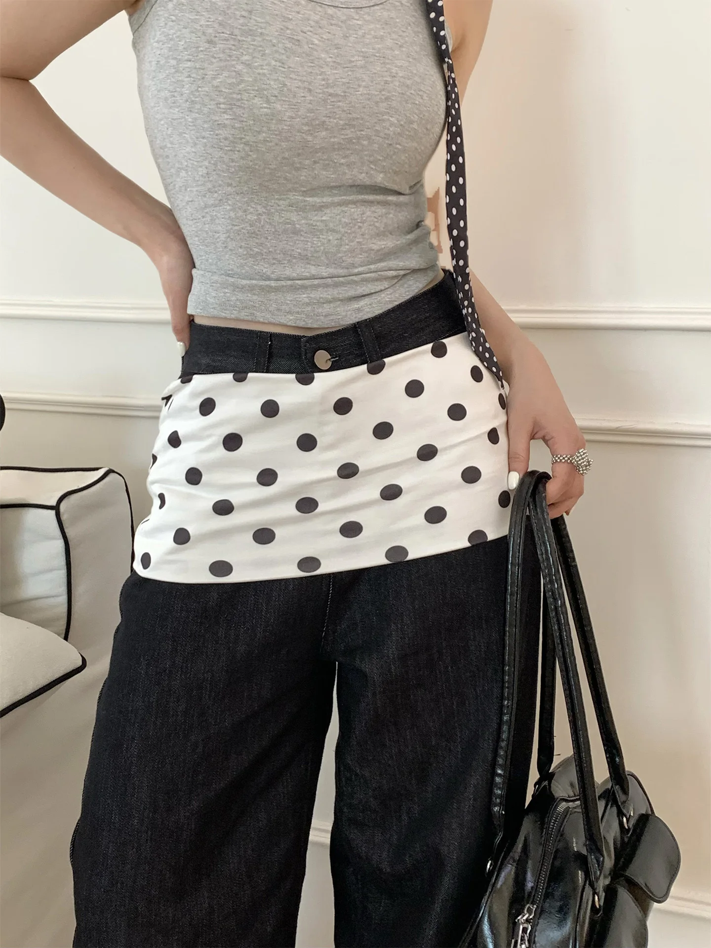 Retro American Polka Dot Half Skirt Women's High Sense Layering Denim Short Skirt Decorative Fashion Butt Covering  Skirt