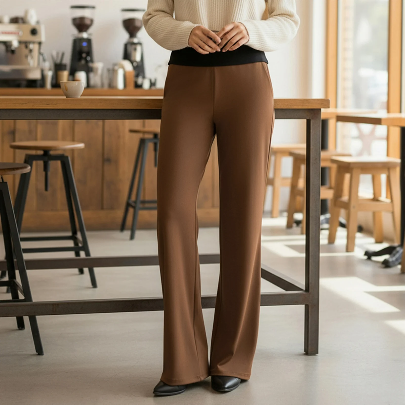 Women's Patchwork Wide Leg Pants Fashionable Casual Loose Elastic Mid Rise Pants for Daily Life