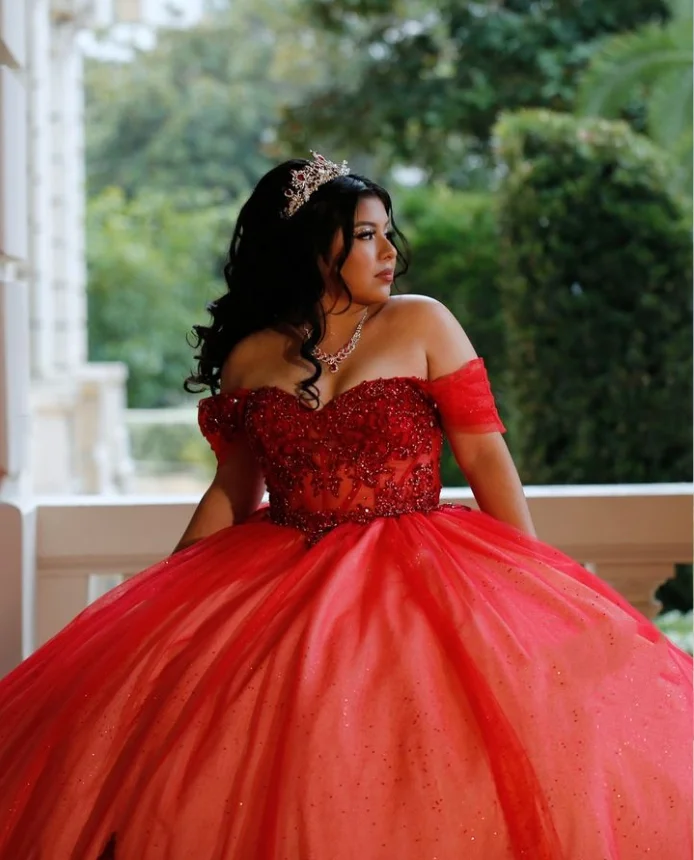 Princess Exquisite Quinceanera Dress 2025 Red Off Shoulder Beaded Applique Mexico Cathedral Train vestido de princesa de 15 años