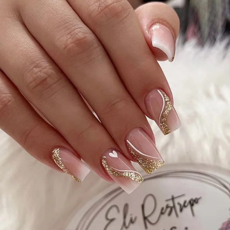 Short Medium fake nails for women gilrs french square nail tips golden glitters strips leaf heart design press on false nails view 4