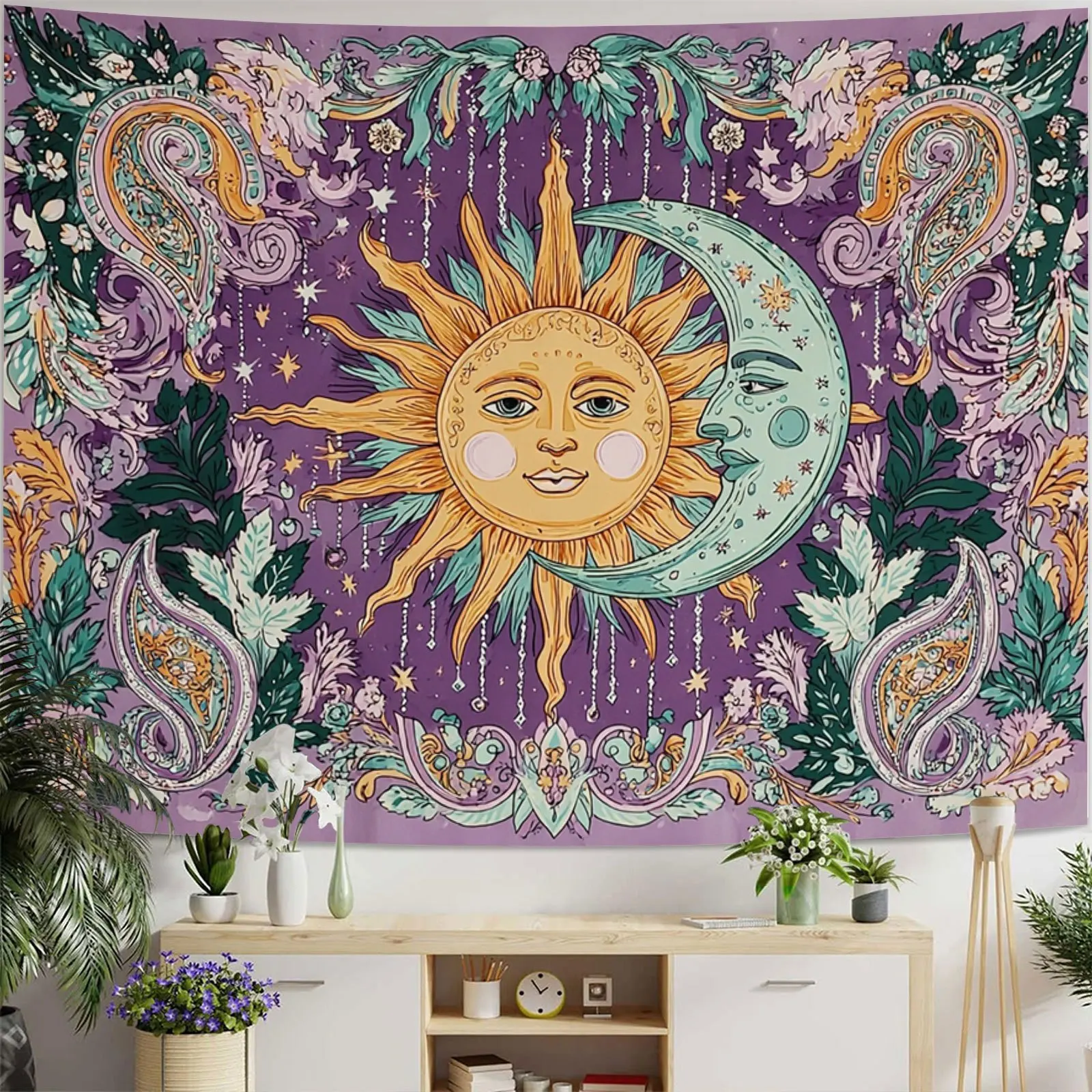 VIKAMA Bohemian Purple Tone Sun Moon God Tapestry, Vintage Paisley Pattern Wall Hanging for Bedroom Living Room
