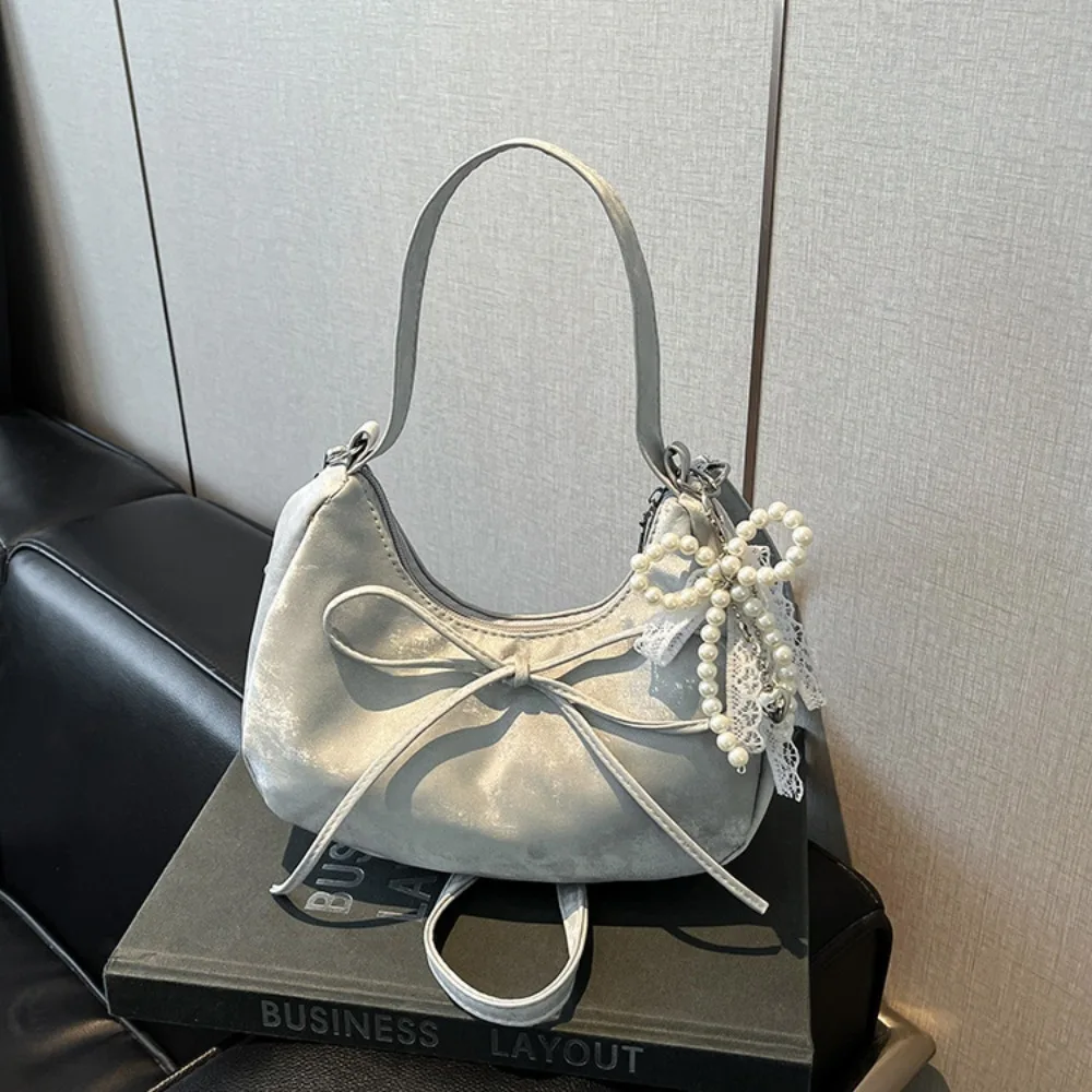 

Large Capacity Bow Shoulder Bag Solid Color Korean Style PU Hobo Bag Fashion Design Lace Pearl Pendant French Style Handbag