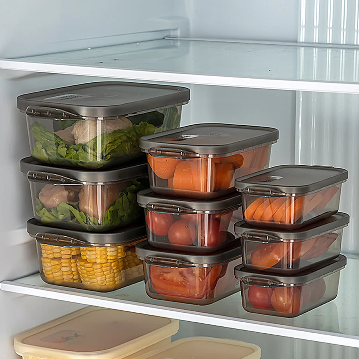 Caja de almacenamiento de alimentos con tapa a presión, juego de tres piezas, caja de embalaje de alimentos sellada congelada para mantenimiento fresco de frutas de plástico de calidad alimentaria