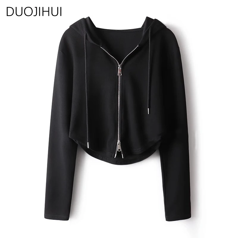 DUOJIHUI Light Grey Basic Hooded Chicly Drawstring Women Hoodies Spring Fashion Zipper Simple Solid Color Casual Female Hoodies