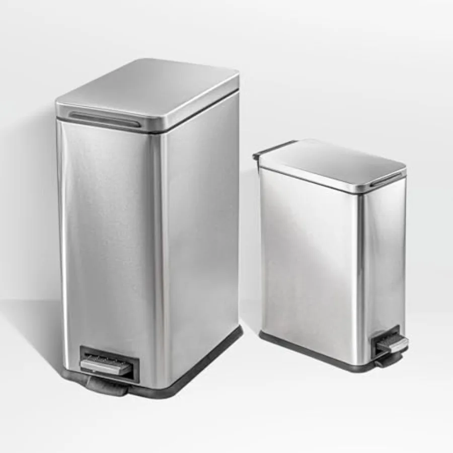 

8 Gallon and 3 Gallon Slim Stainless Steel Trash Can Combo Set with Soft-Close Lid and Bag Tuck Design Silver