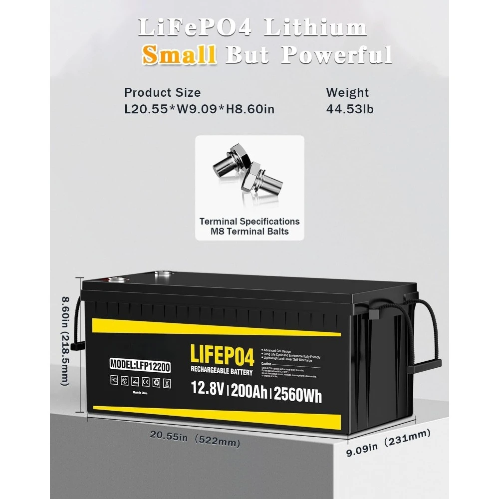 12V 200Ah Lithium LiFePO4 Battery, Built-in 200A BMS, 2560Wh Energy Storage, Iron Phosphate 8000-15000 Deep Cycles Battery