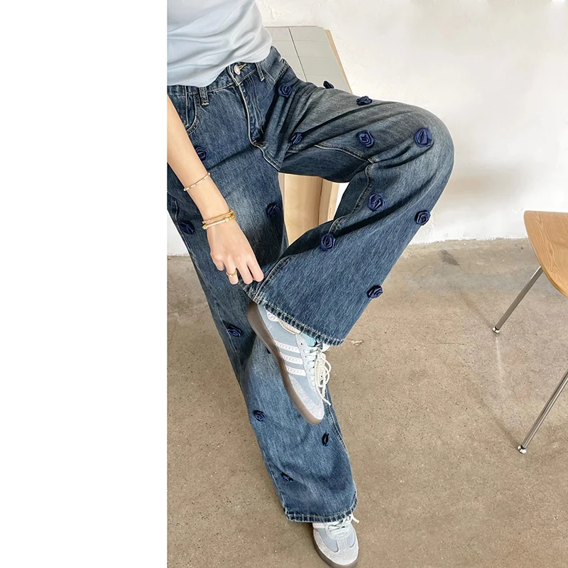 Damen-Jeanshose mit weitem Bein, Quaste, High Street, Damen, Taschen, Jeans, Damenmode, Sommer, neue Hose, 2025, 3D-Rose