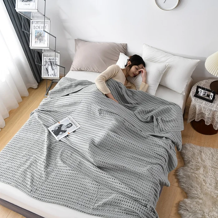 

Summer Waffle Plaid Cotton Bed Blanket Throw Thin Quilt Knitted Bedspread Home Hotel Coverlets Green Pink Throw Blankets
