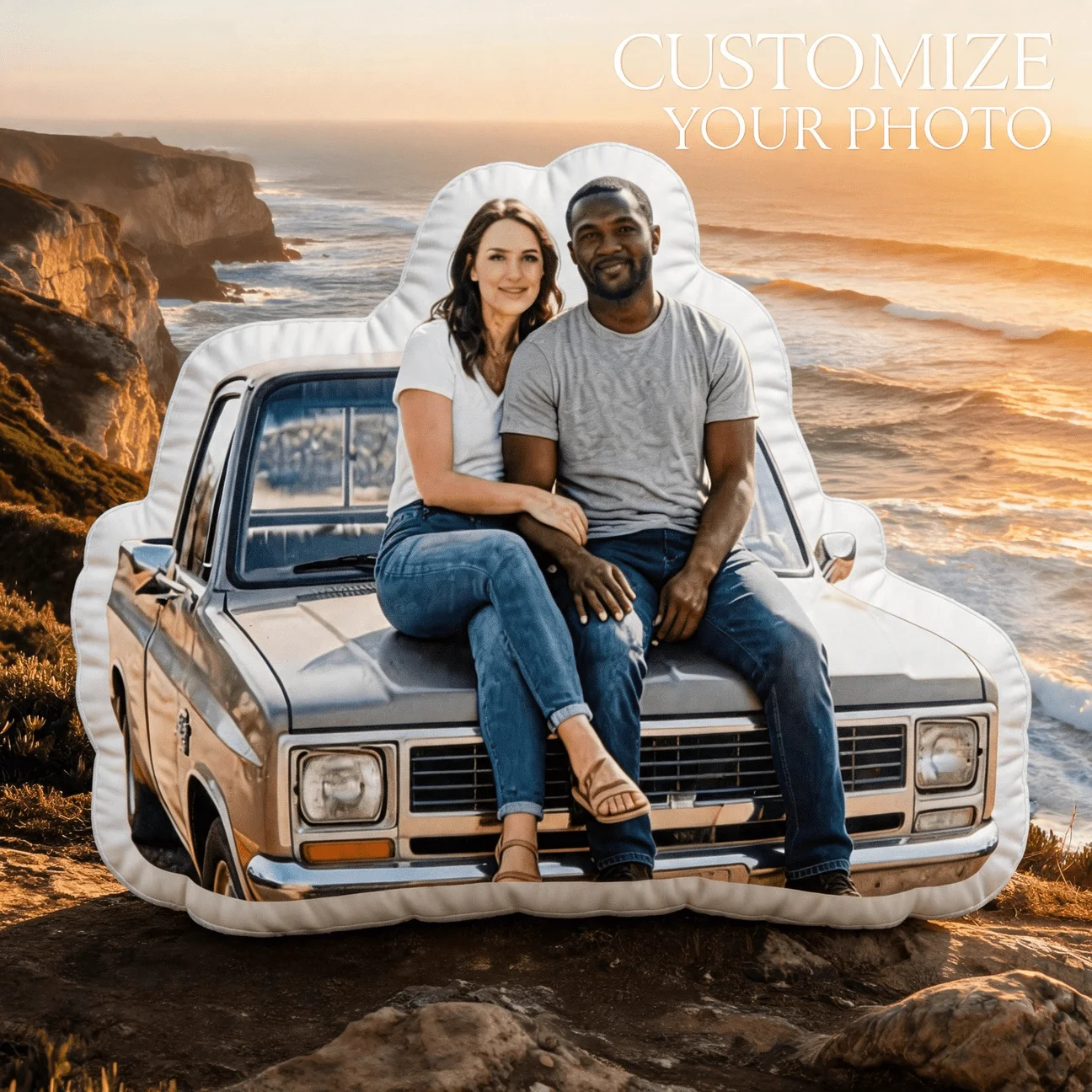 Personalized Couple Photo Shaped Pillow, Custom Picture Decorative Cushion with Car Theme, Unique Home Decor Accent for Sofa & B