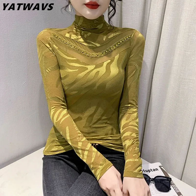 

High Quality New Autumn Women's Top Shirt Fashion Casual Turtleneck Long Sleeve Tees Hollow Out Shiny Beading Mesh T-Shirt M-3XL