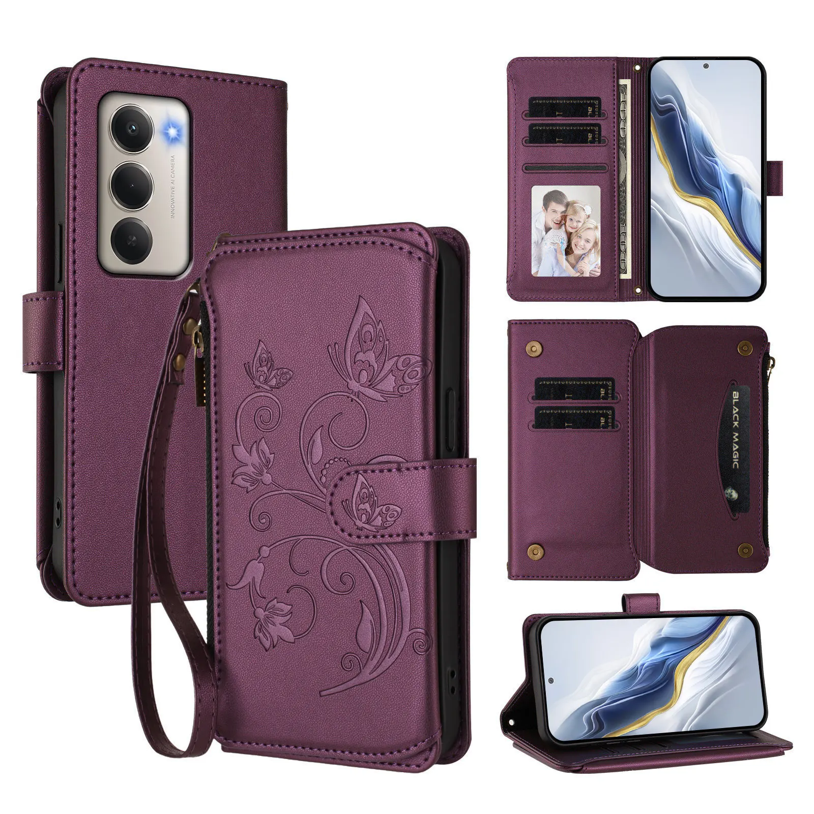 

For Xiaomi Redmi 15 5G (Global) (169mm) Leather Case Butterfly Floral Imprint Zipper Wallet Stand Cover with Wrist Strap - Purpl
