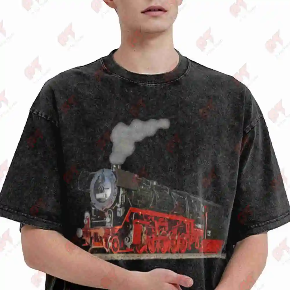 Vintage Steam Train Railway Locomotive Vintage Washed Tee Pure Cotton T-Shirt