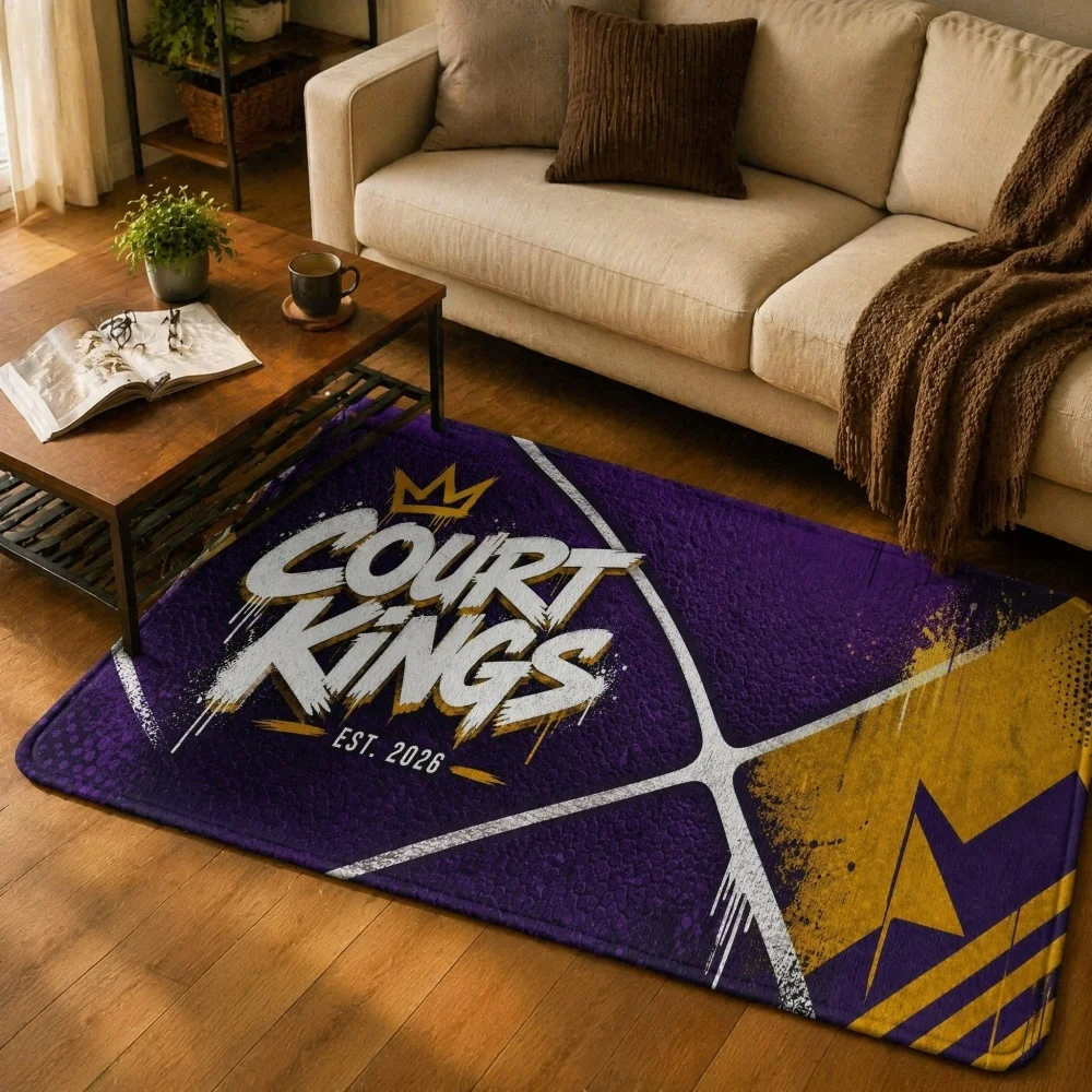 Graffiti Crown Sport Flannel Runner Rug, Purple Yellow Geometric Long Floor Mat, Non Slip Boys Bedroom Gaming Decor Rug