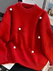 Zoki Retro Bow Red Sweaters Women Casual Sweet Lazy Wind Knitted Jumpers Vintage Long Sleeve O Neck Female Cute Design Tops Fall