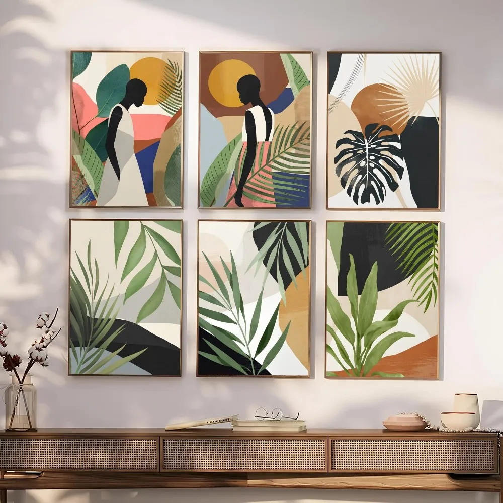 1PC Abstract African Woman Flower Leaves Self-adhesive Art Waterproof Paper Sticker Coffee House Bar Room Wall Decor