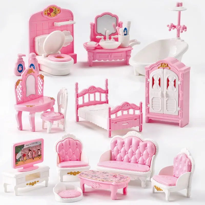 10 items Kawaii Pink Miniature Dollhouse Furniture 1/12 Doll Accessories Kids Toys Bathroom Bedroom Kitchen Cooking Things