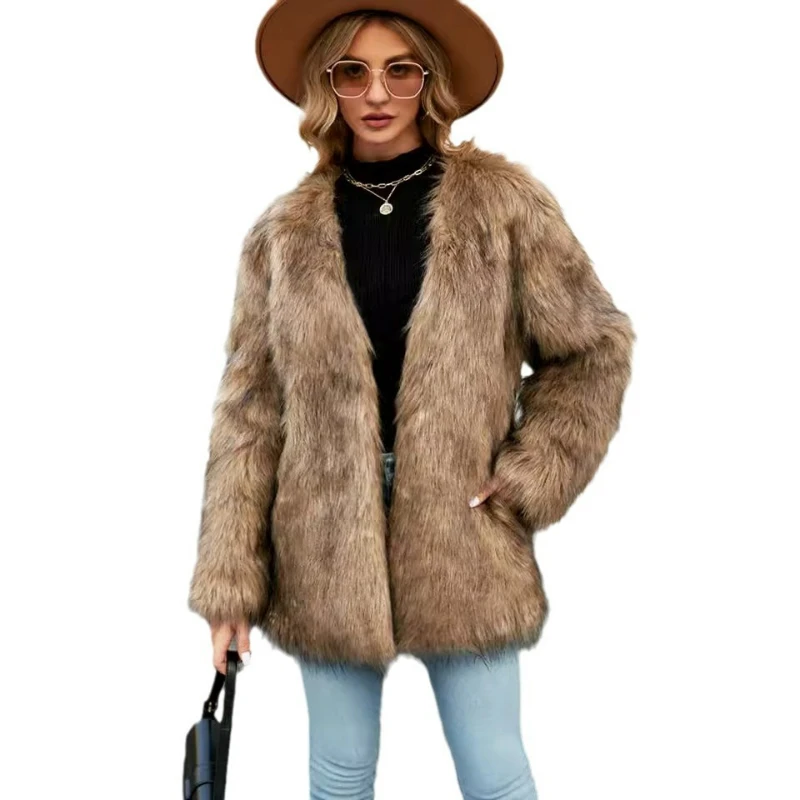 Giacca spessa in pelliccia sintetica donna manica intera con scollo a V cappotti lunghi caldi Casual eleganti giacche impiombate Streetwear autunno inverno