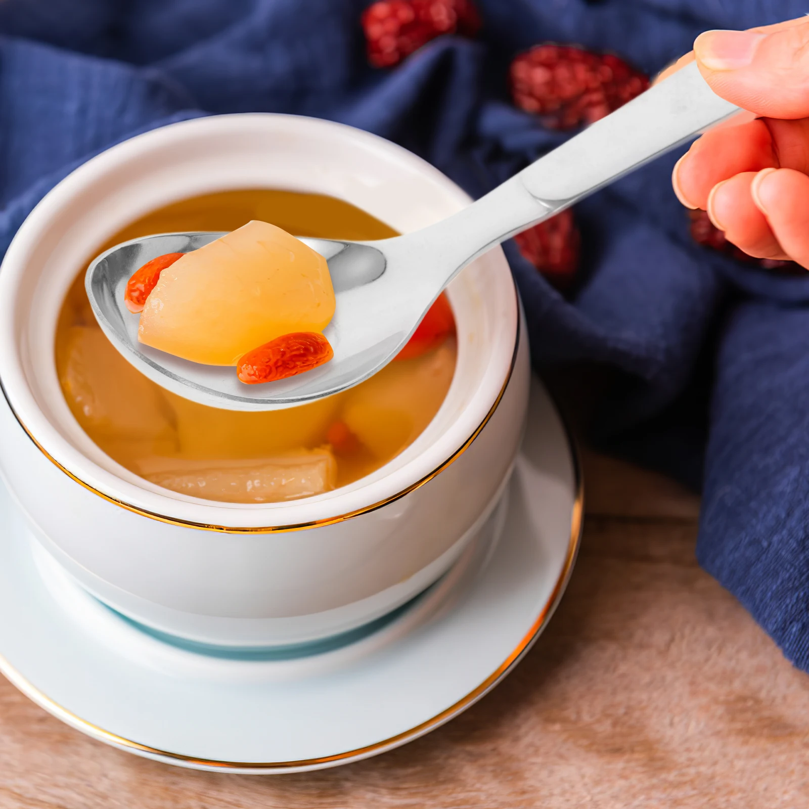 Cuchara de acero inoxidable, cucharas de curry, sopa, Material asiático para bebé, cucharas de Metal con acabado suave