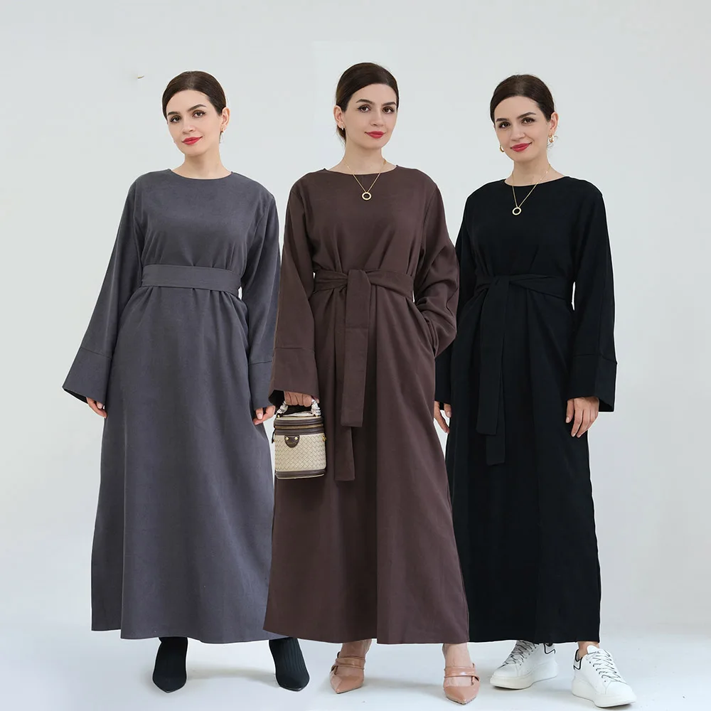 

Осенне-зимняя женская мусульманская одежда Eid Abaya Dubai Турция однотонное Повседневное платье с длинным рукавом и поясом повседневное тонкое женское платье