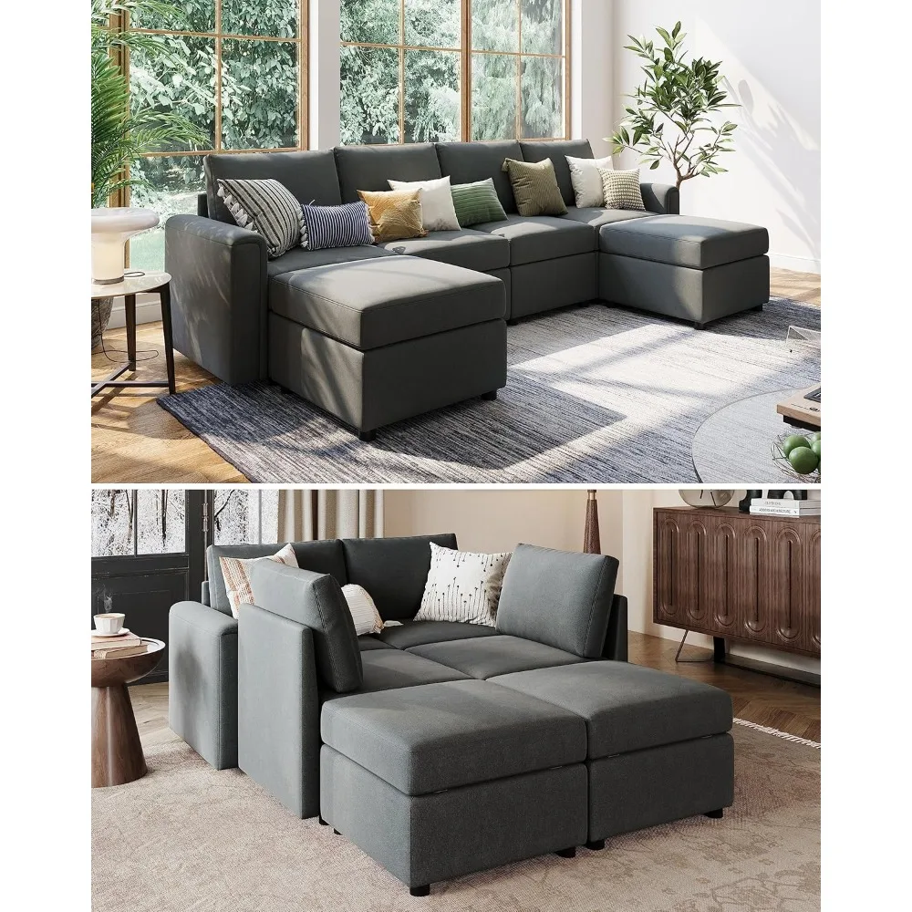 Convertible U-Shaped Sofa with Storage Space, 6-Seater Sofa with Lounge Chair, Lounge Chair, Living Room Combination