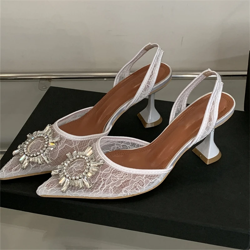 Eilyken Design Style Crystal Breathable Mesh Pointed Toe Women Pumps Elegant Slingbacks High Heels Party Prom Mule Shoes