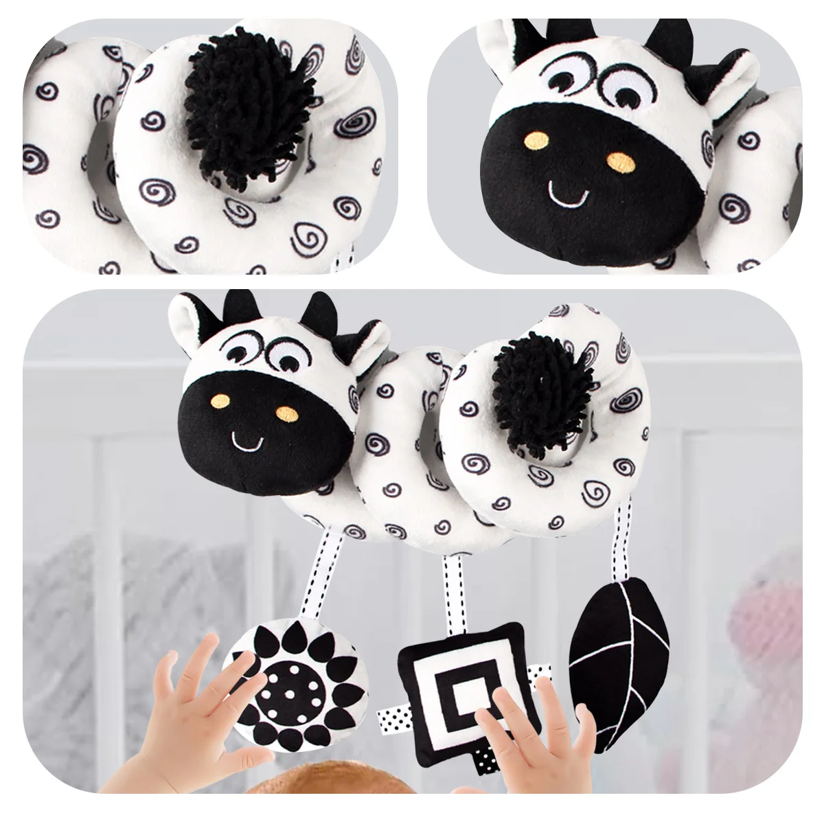 Simpatici giocattoli per bambini con seggiolino auto a spirale per mucca in bianco e nero, attività per carrozzina per passeggino, giocattoli appesi, giocattolo sensoriale ad alto contrasto